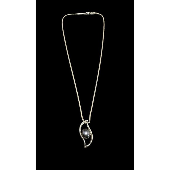 925 Sterling Silver Modernist Midnight Purple Pearl Pendant Chain Necklace - Picture 1 of 5